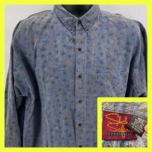 Vintage 90s Shah Safari Shirt XL Long Sleeve Abstract Geometric Blue Cotton AOP